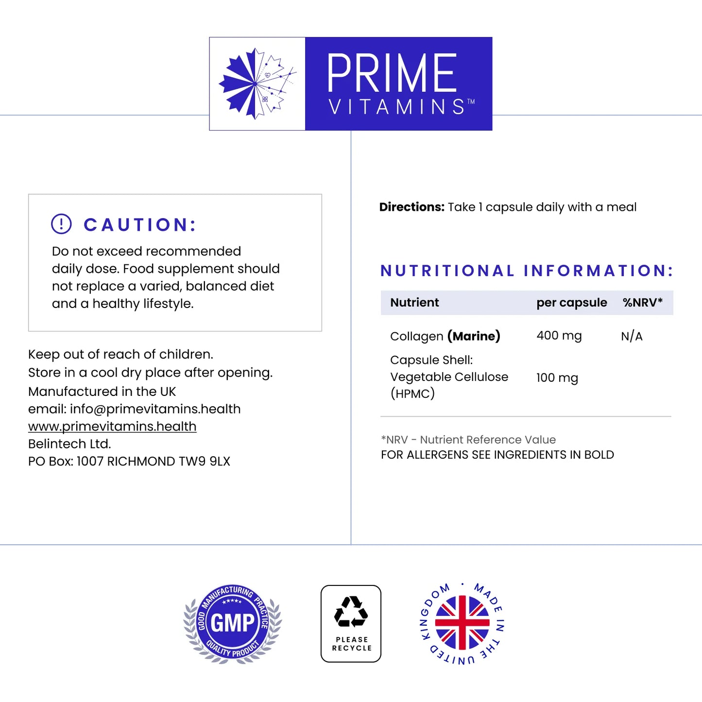 Marine Collagen 400mg, Hydrolysed Type 1 Collagen, 60 Capsules - 2 Month Supply, UK Made