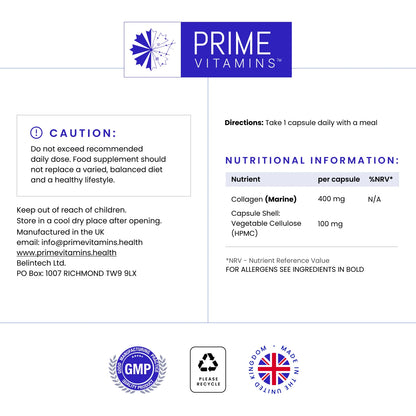 Marine Collagen 400mg, Hydrolysed Type 1 Collagen, 60 Capsules - 2 Month Supply, UK Made